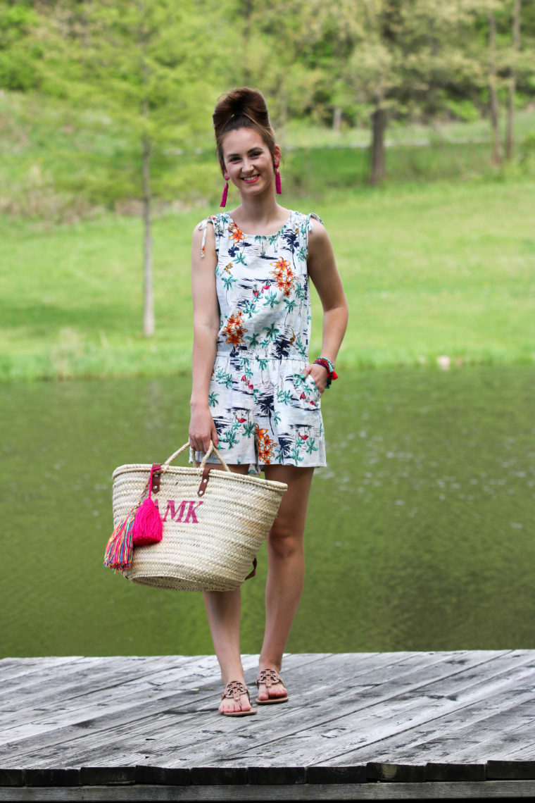 tropical romper, summer style, monogram beach tote