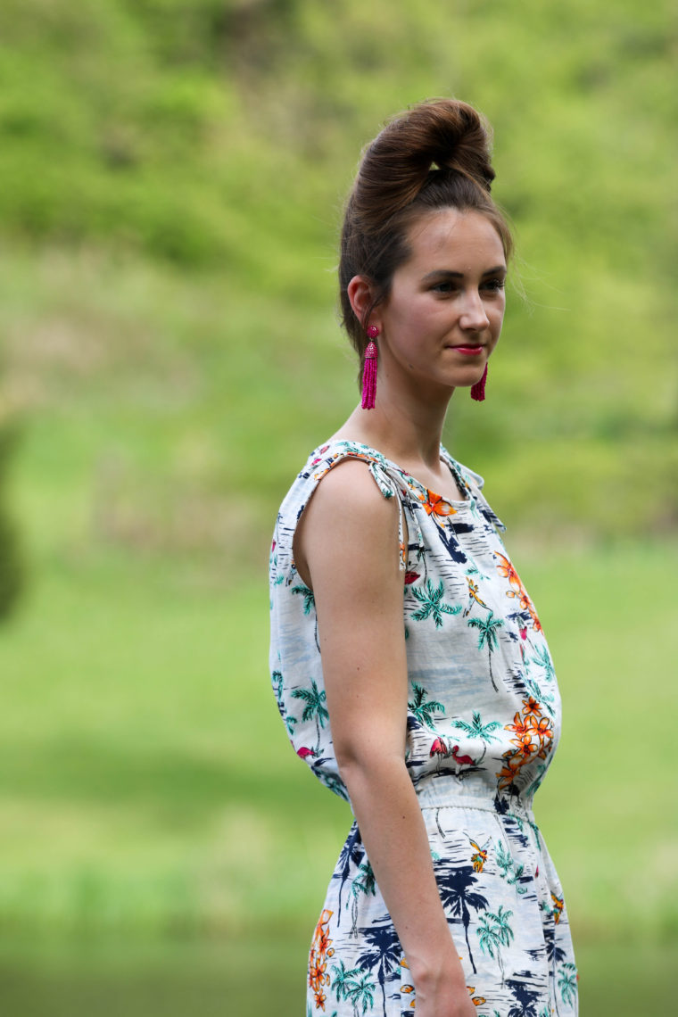 tropical romper, summer style, tassel earrings