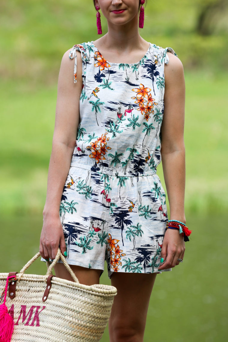 tropical romper, summer style, tassel bracelets