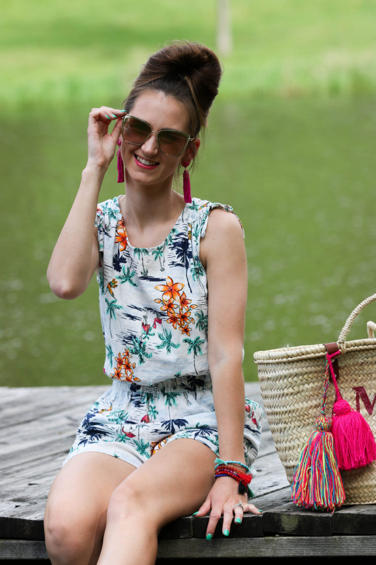 tropical romper, beach style, summer style, tassel earrings