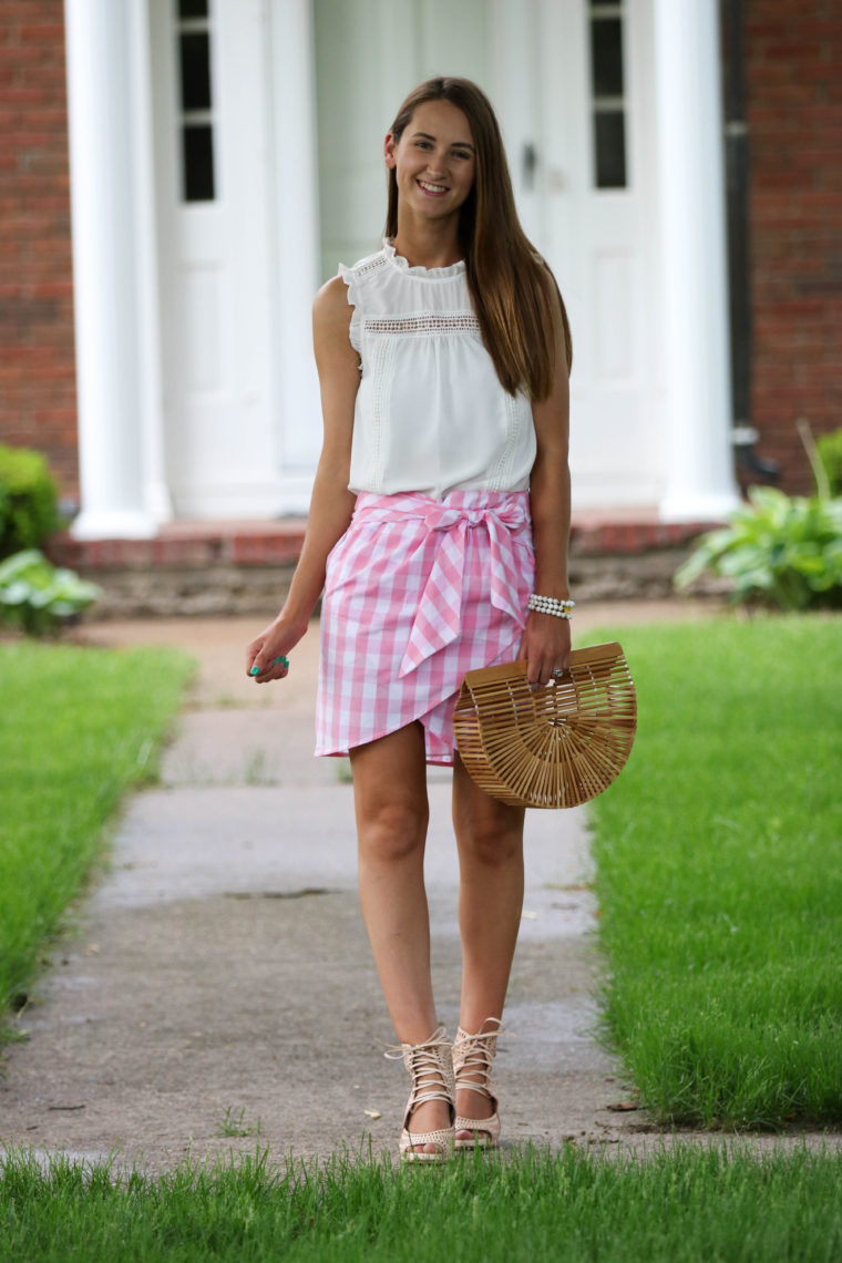 pink gingham skirt, preppy style, Cult Gaia bag, summer style