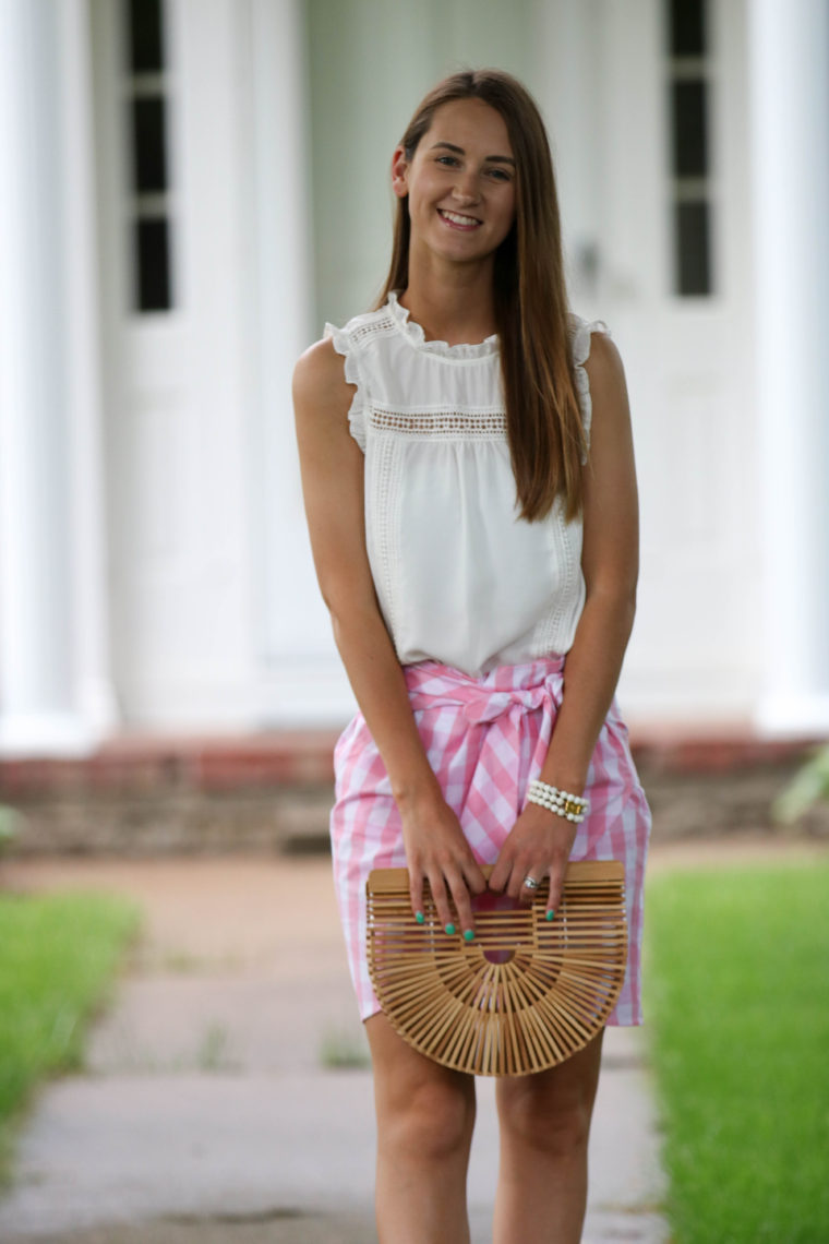 pink gingham wrap skirt, basket bag, preppy style