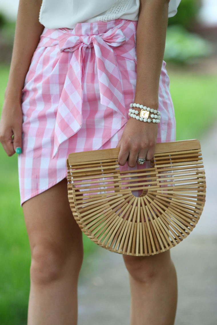 pink gingham skirt, Cult Gaia bag, basket bag, preppy style