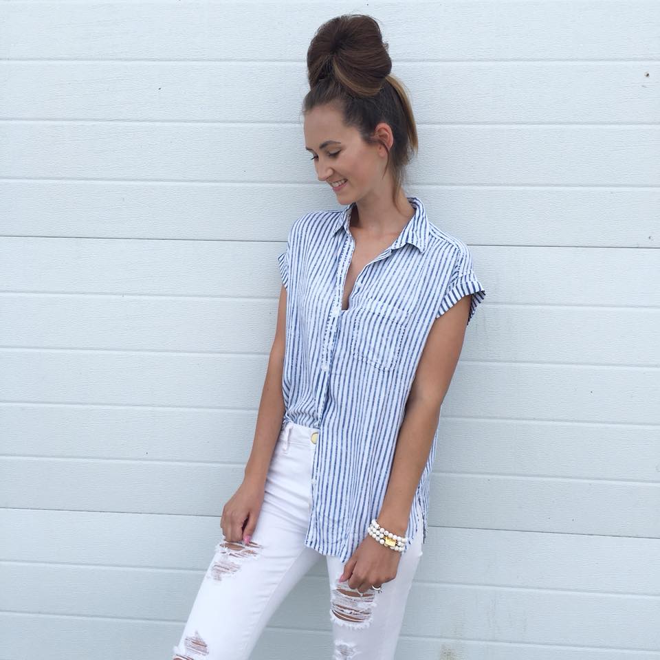 striped short sleeve button down, casual style