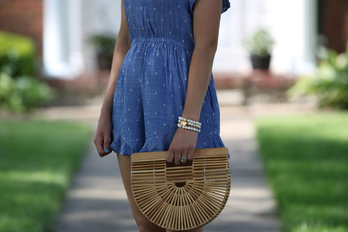 ruffle romper, Cult Gaia bag, basket bag, summer style