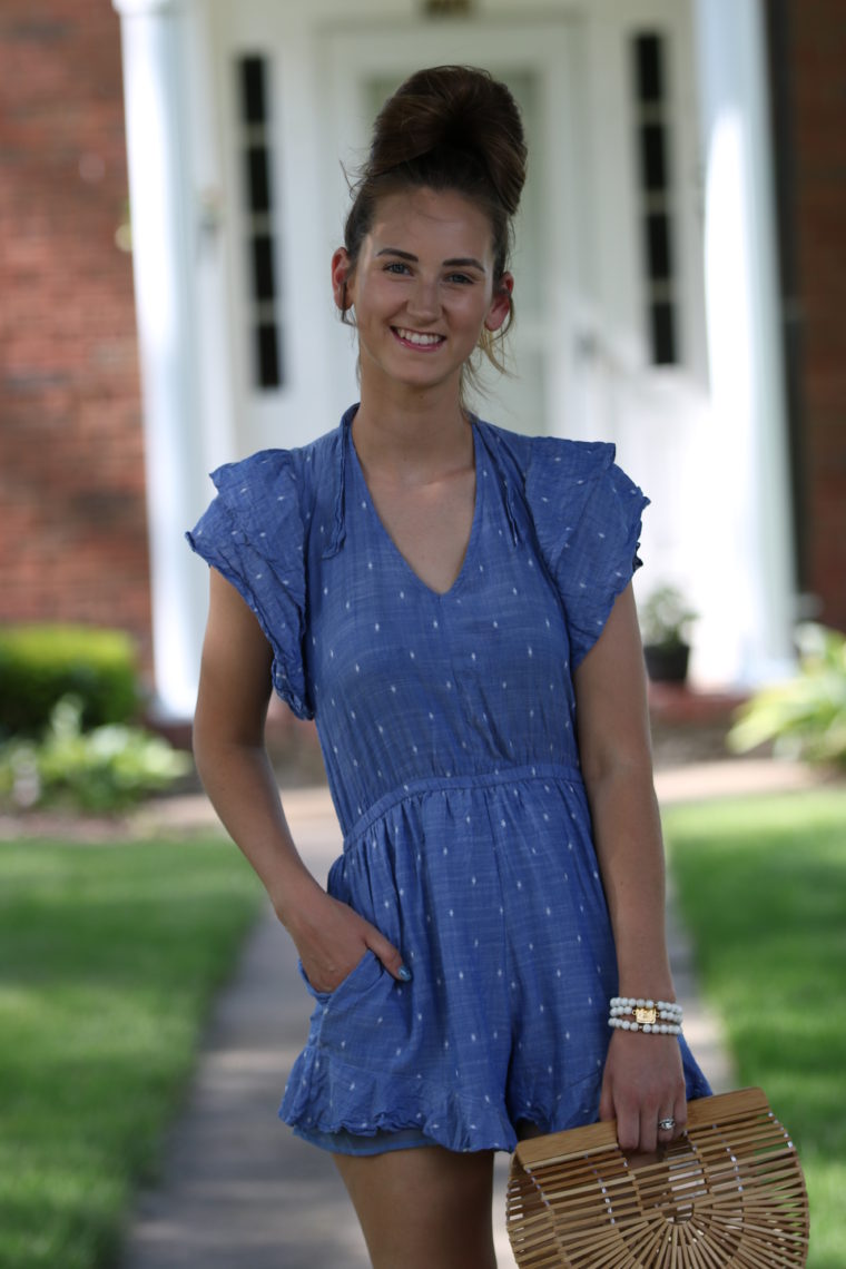 ruffle sleeve romper, chambray romper, summer style