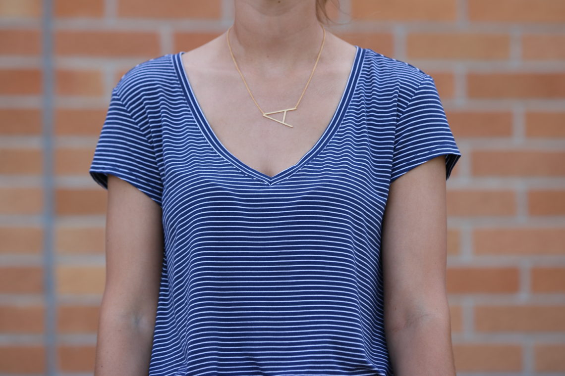 initial necklace, striped tee, v-neck tee