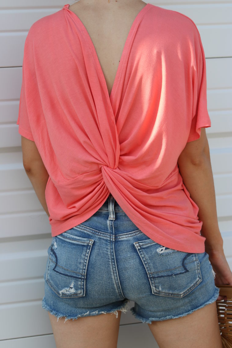 twist back top, knotted back top, coral top