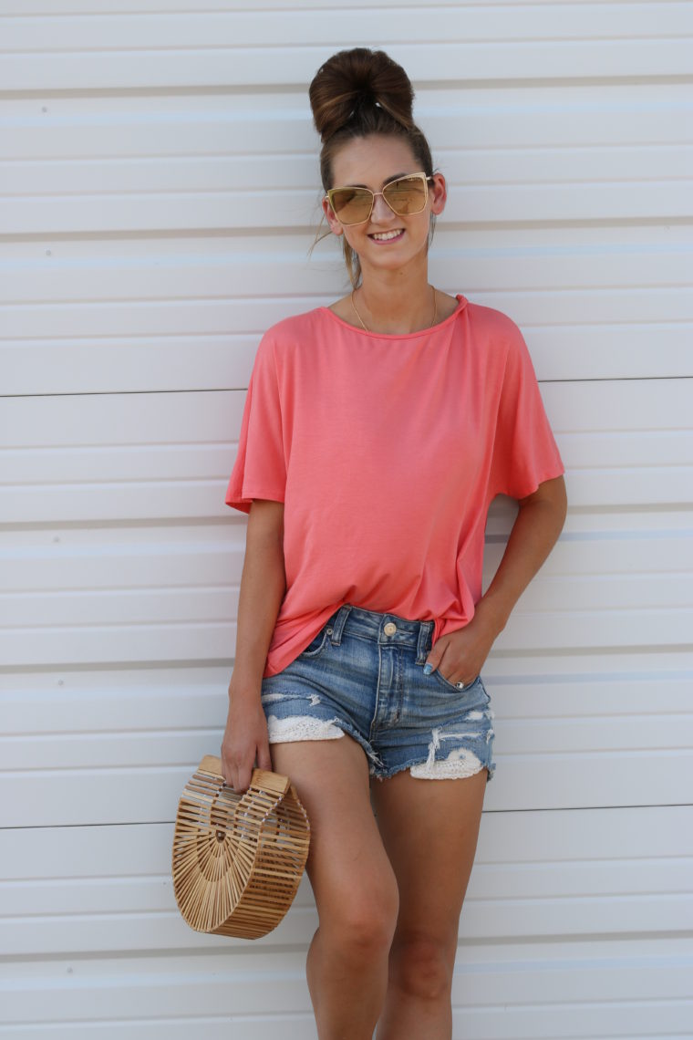 coral top, summer style, Cult Gaia bag 