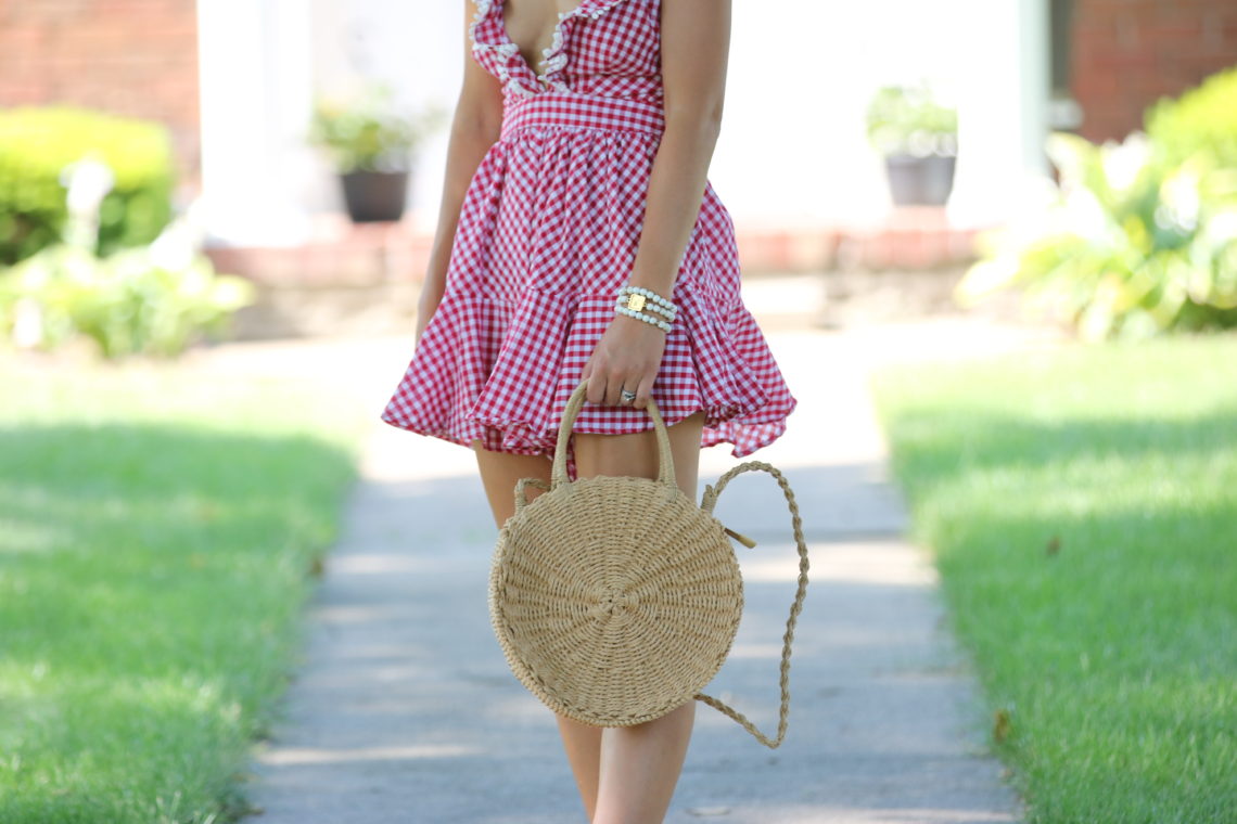 straw circle bag, ruffle romper, red gingham romper