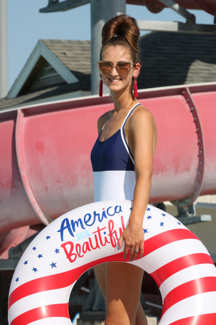America the beautiful pool float, colorblock swimsuit