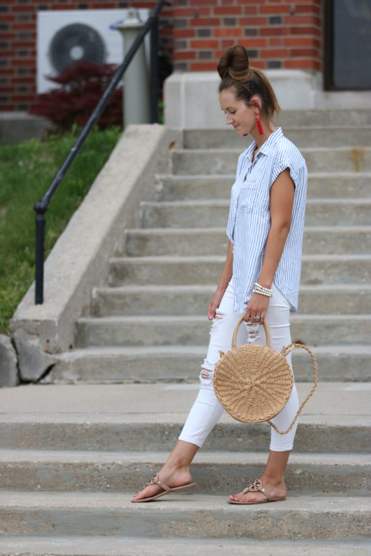 striped button down top, straw circle bag, Tory Burch sandals