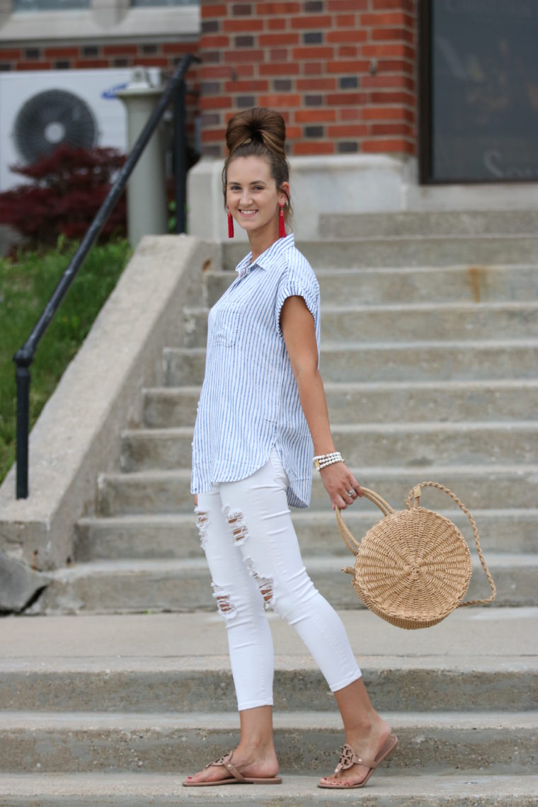 striped button down top, straw circle bag