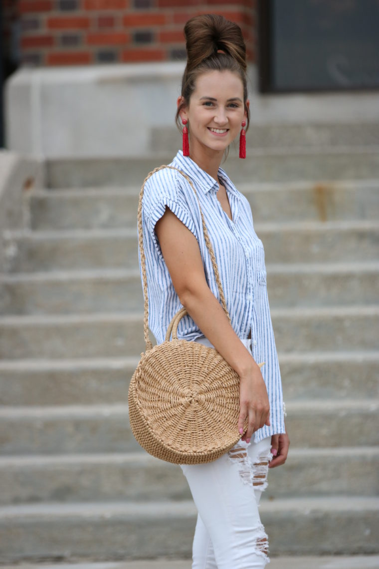 striped button down top, straw circle bag, summer style