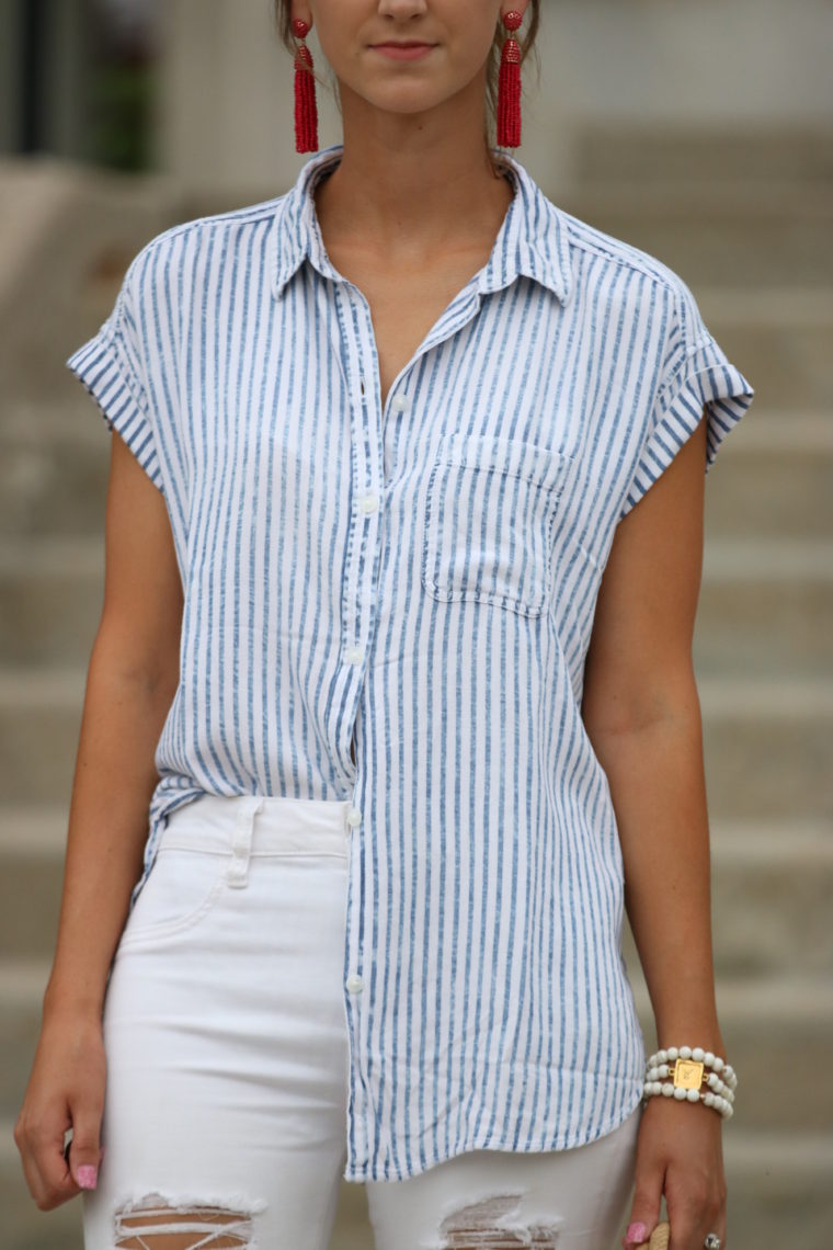 striped button down top, pajama top, comfy top