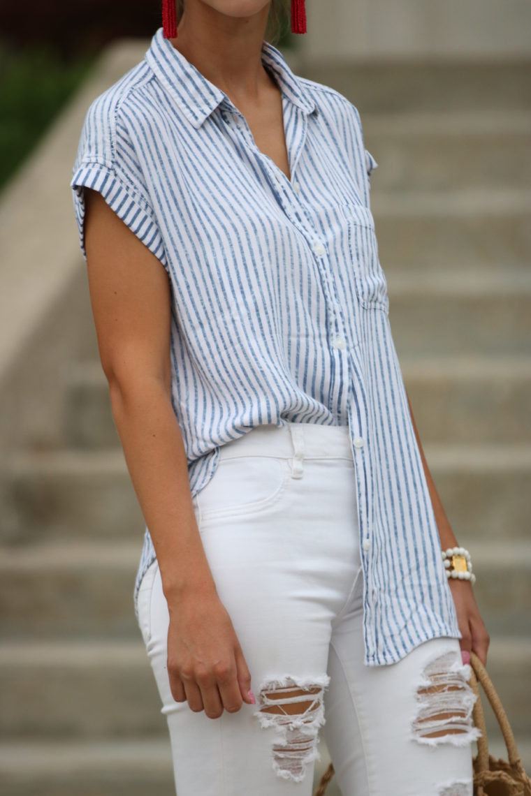 striped button down top, pajama top, comfy style