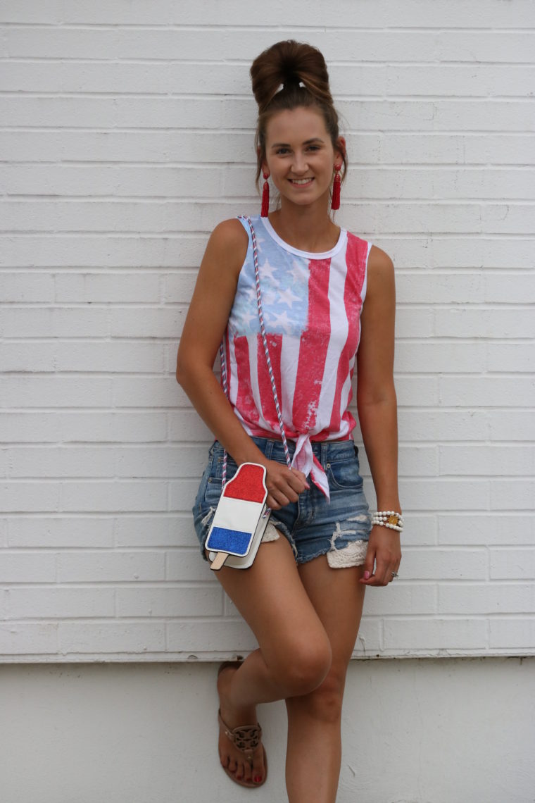 American flag tee, popsicle clutch, 4th of July outfit