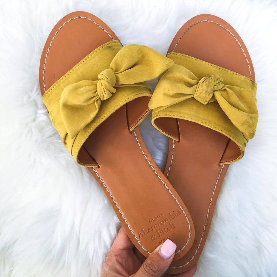 bow slides, yellow bow slides, bow slide sandals