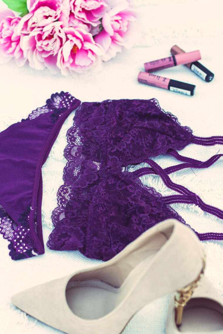 purple lace bralette, purple lace panties