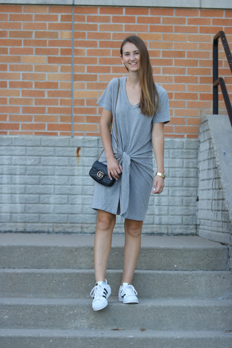grey t-shirt dress, grey tie-waist dress, comfy style