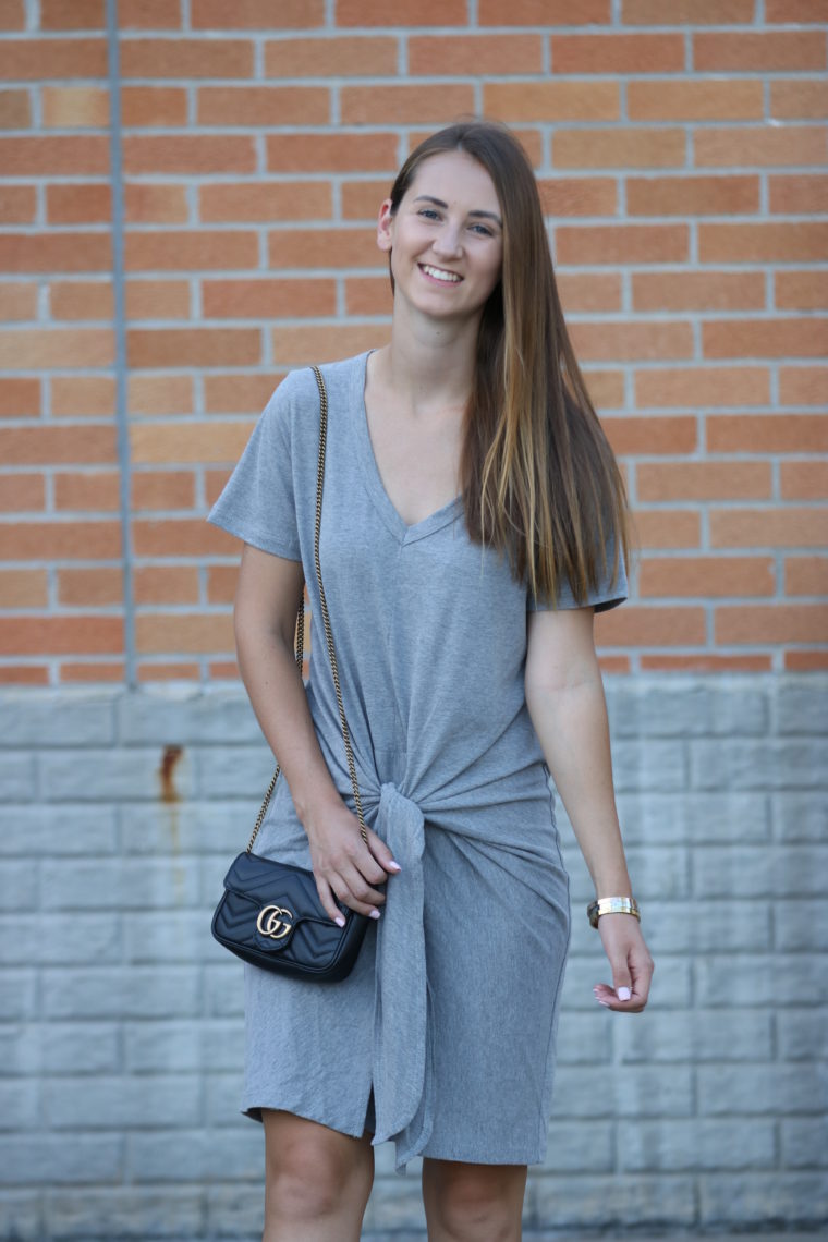 grey tie-waist dress, grey tie-waist t-shirt dress, Gucci bag, comfy style