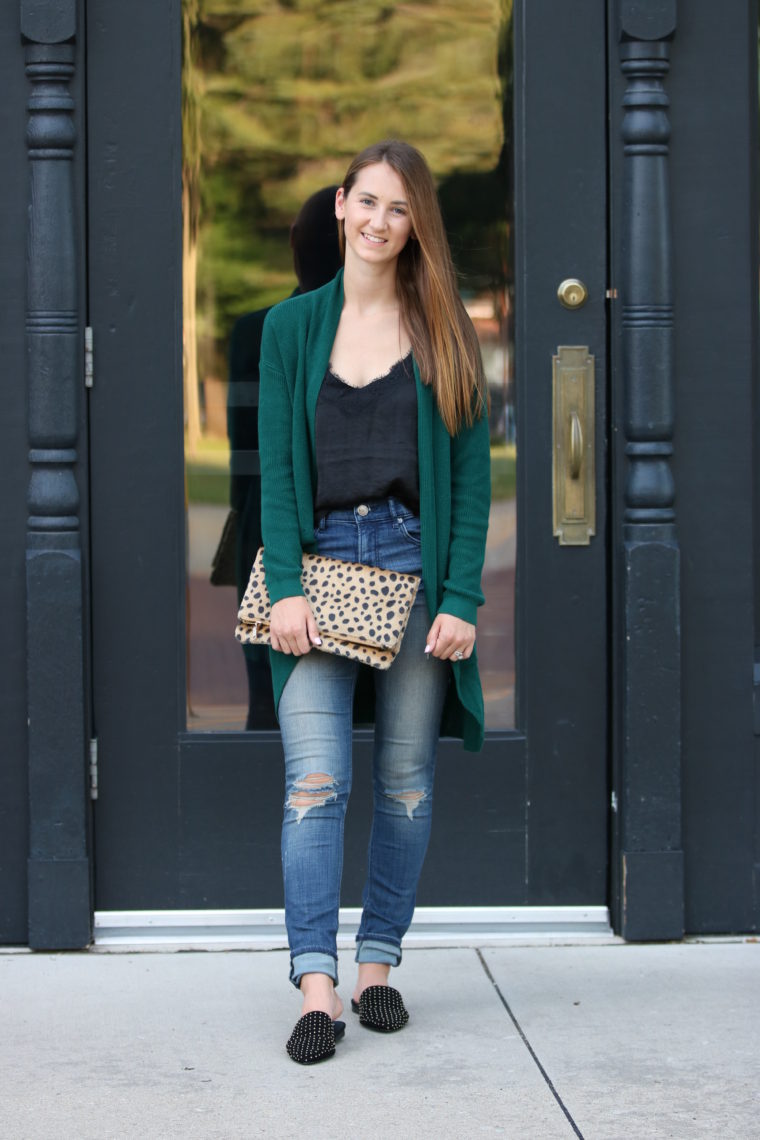 emerald green cardigan, leopard clutch, fall style