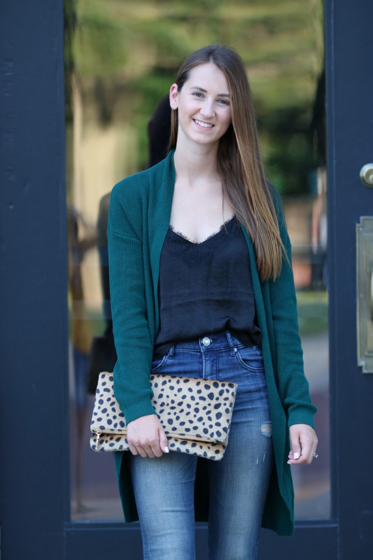 emerald green cardigan, black lace cami, leopard clutch