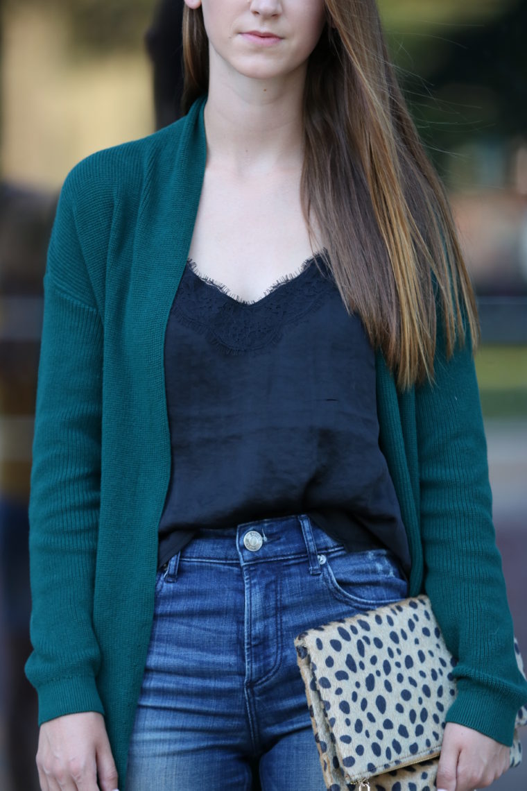 black lace cami, leopard clutch, fall style