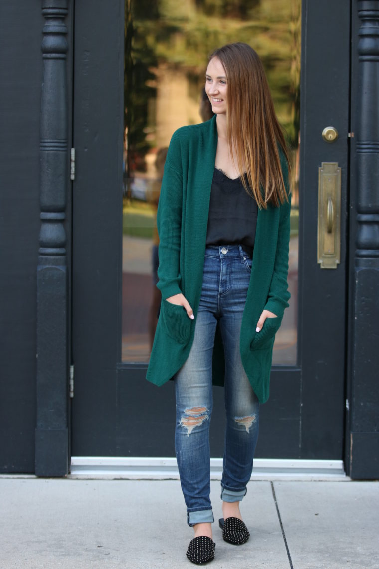 dark green cardigan, black lace cami, fall style