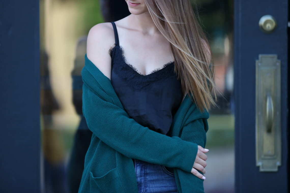 black lace cami, green cardigan, fall style
