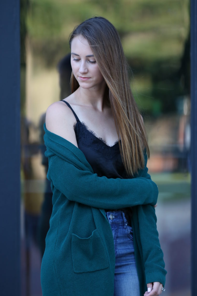 black lace cami, green cardigan, fall style