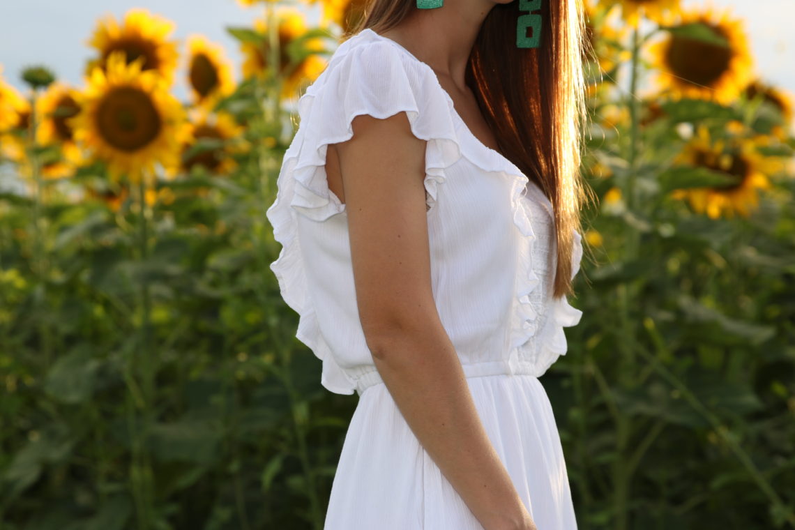 white ruffle romper, white romper, sunflower field