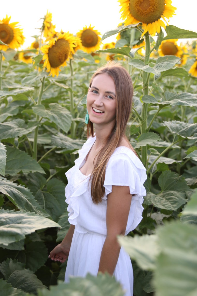 ruffle romper, sunflower field