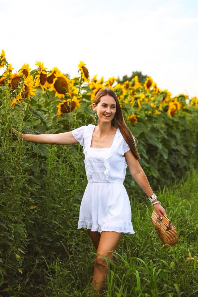 sunflower field, sunflowers, white ruffle romper