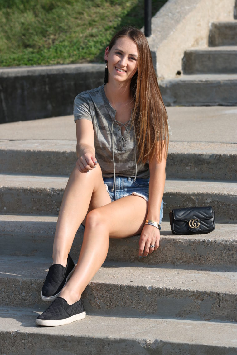 camo t-shirt, lace up shirt, Gucci bag, casual style