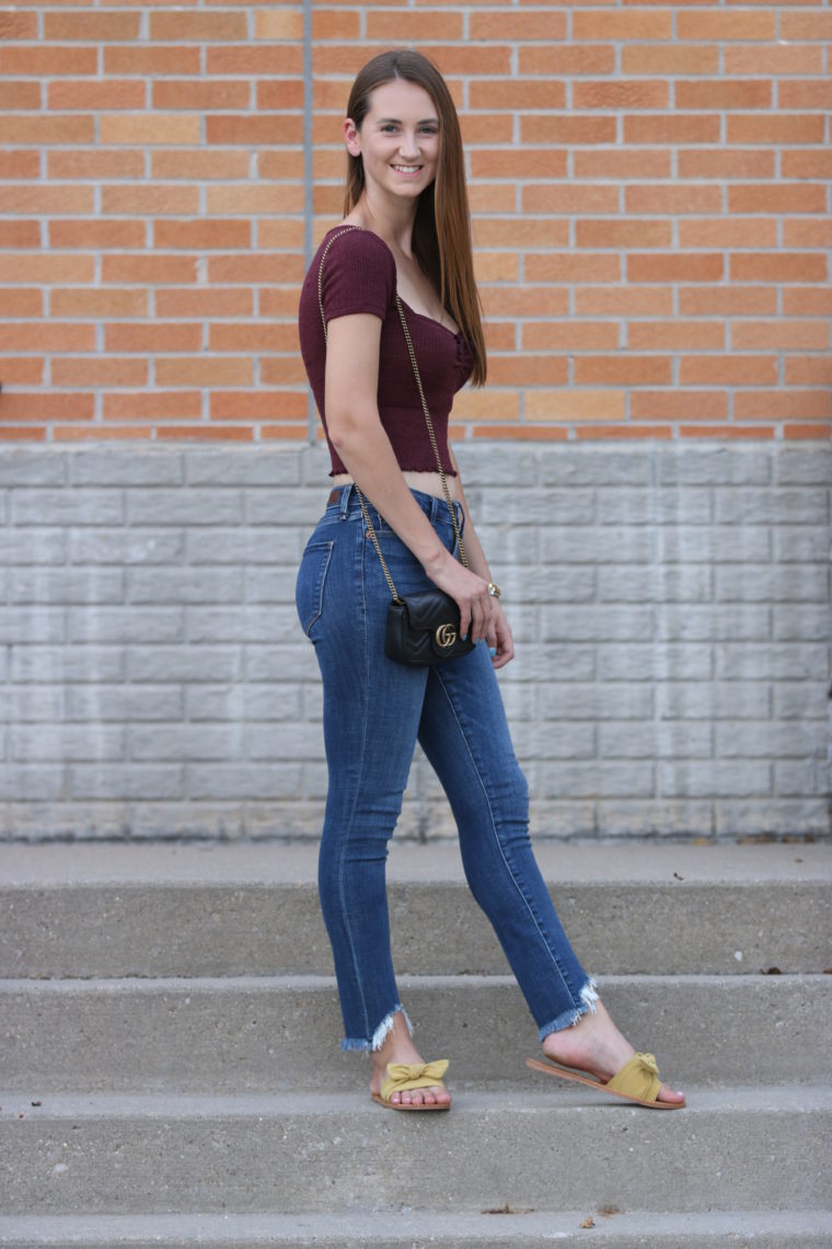 yellow bow slides, Gucci bag, crop top