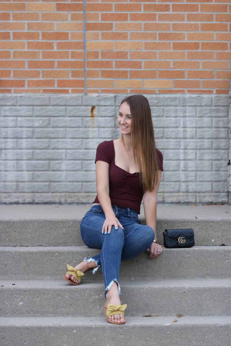 yellow bow slides, Gucci bag, crop top