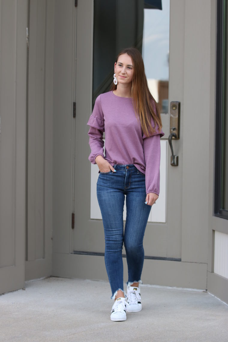 ruffle sleeve sweatshirt, Adidas sneakers, fall style