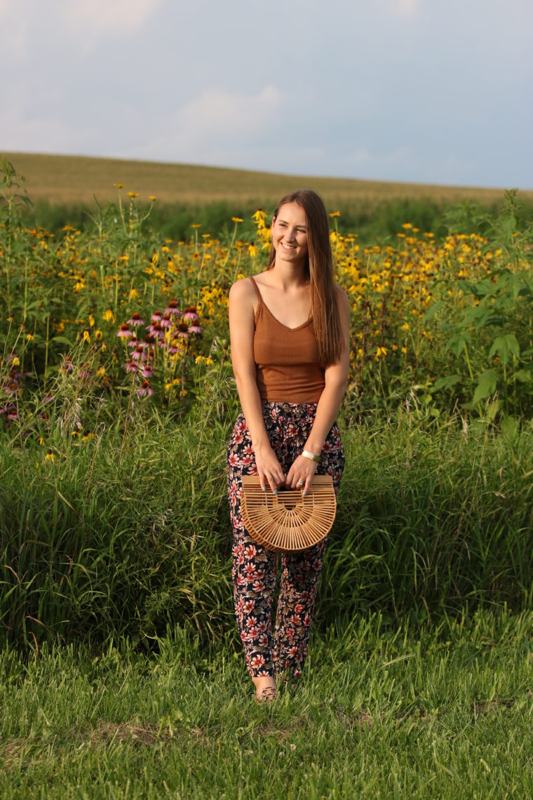 floral jogger pants, basket bag, summer style, wildflower field