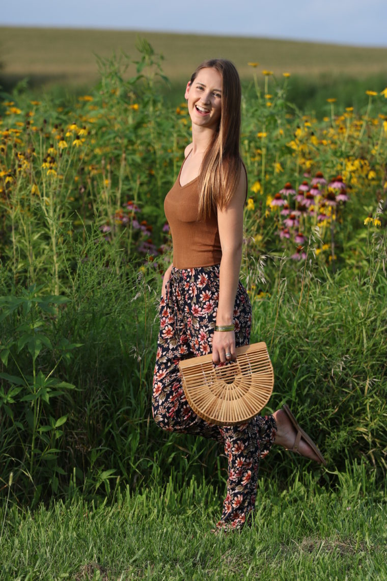 floral jogger pants, jogger pants, wildflower field