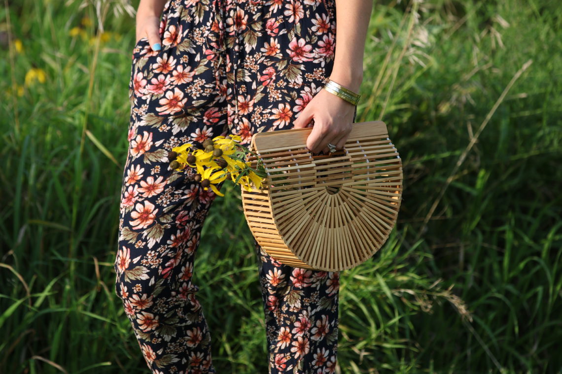 floral jogger pants, jogger pants, Cult Gaia bag, basket bag