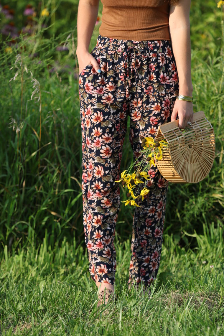 floral jogger pants, jogger pants, Cult Gaia bag