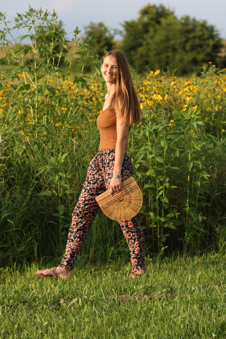 floral jogger pants, jogger pants, wildflower field, summer style