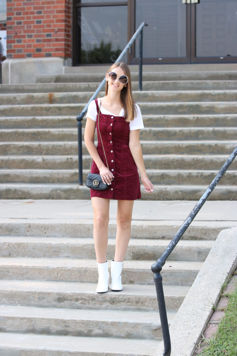 burgundy corduroy overall dress