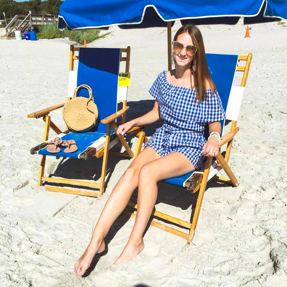 gingham romper, round straw bag, beach style