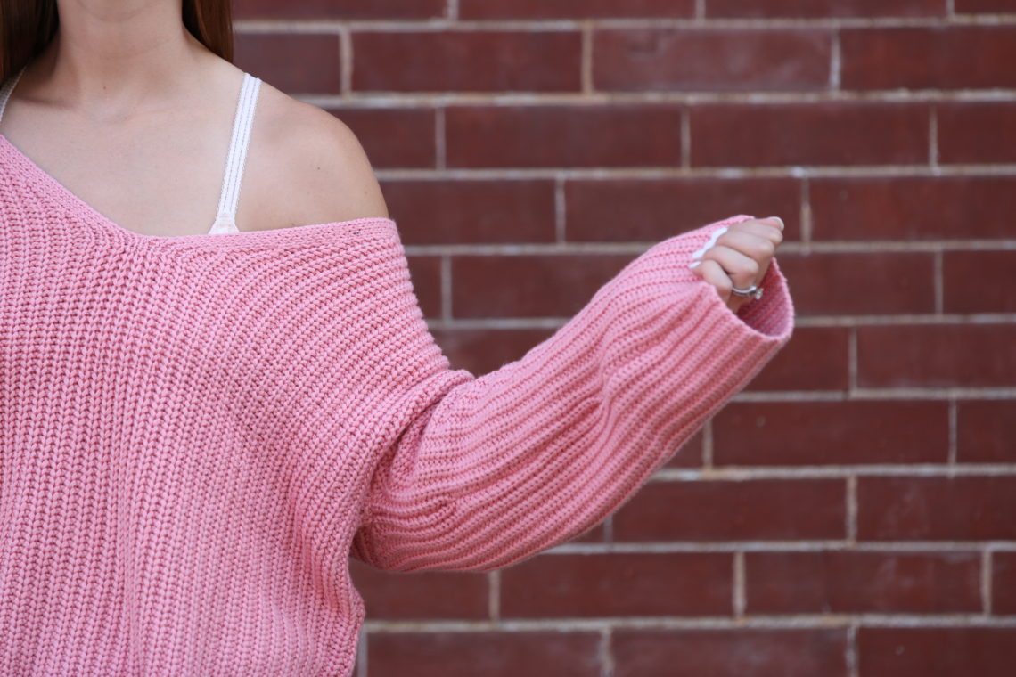 pink sweater, off the shoulder sweater, fall style