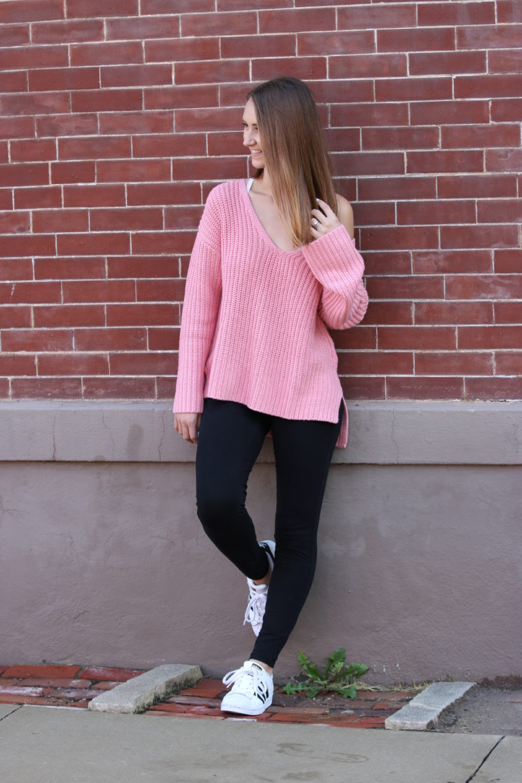 pink sweater, off the shoulder sweater, casual style