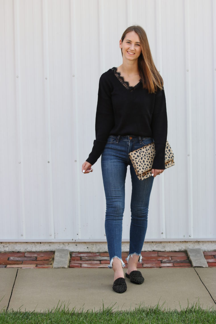 lace sweater, black lace sweater, studded mules