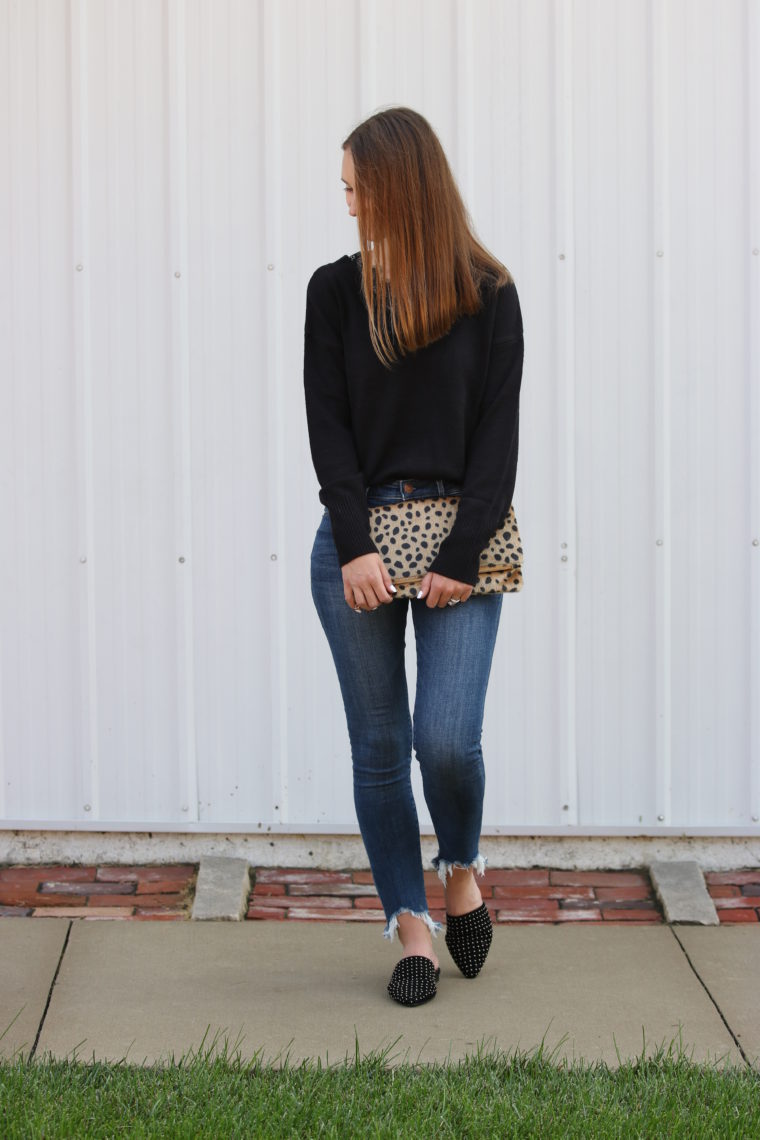 black lace sweater, leopard clutch, studded mules