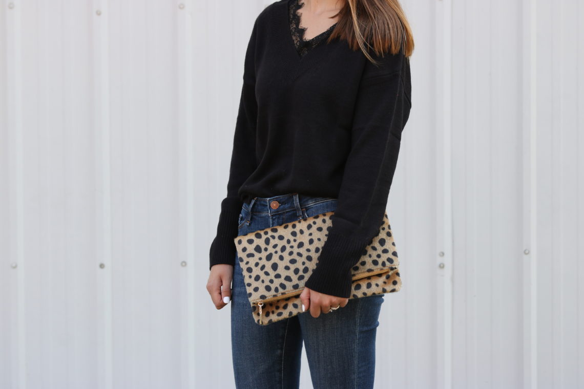 lace trimmed sweater, leopard clutch, fall style